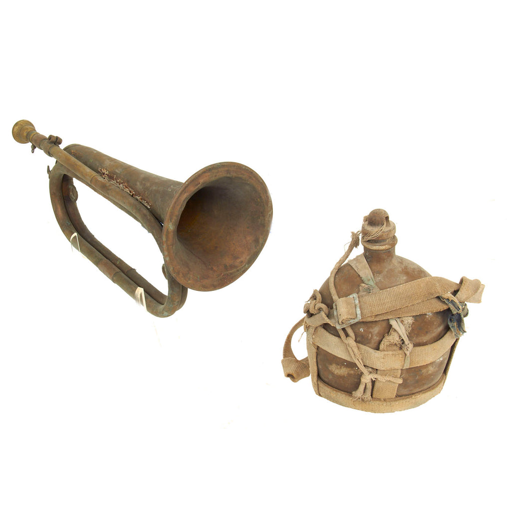 Original Japanese WWII Bring Back Set: 1942 dated Canteen in Canvas Carrier & Military Brass Bugle Original Items
