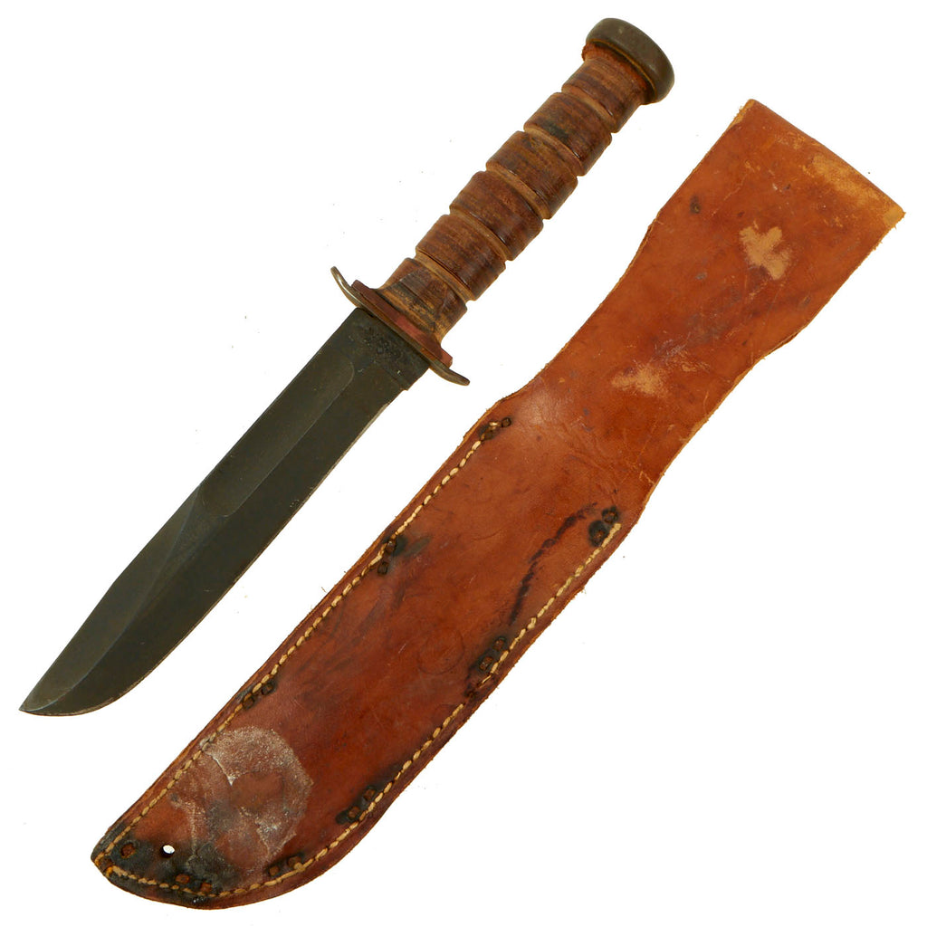 Original U.S. WWII USN Mark 2 “KA-BAR” Blade Marked Fighting Knife with Leather Scabbard - By Robeson-ShurEdge Original Items