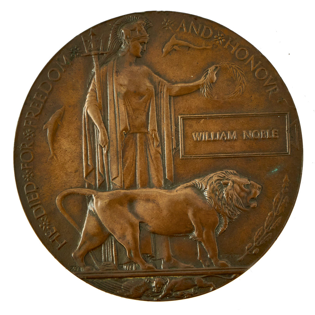 Original Scottish WWI Black Watch 1915 KIA Bronze Plaquette “Dead Man’s Penny” Memorial Medallion by Acton - William Noble, KIA Battle of Loos Original Items