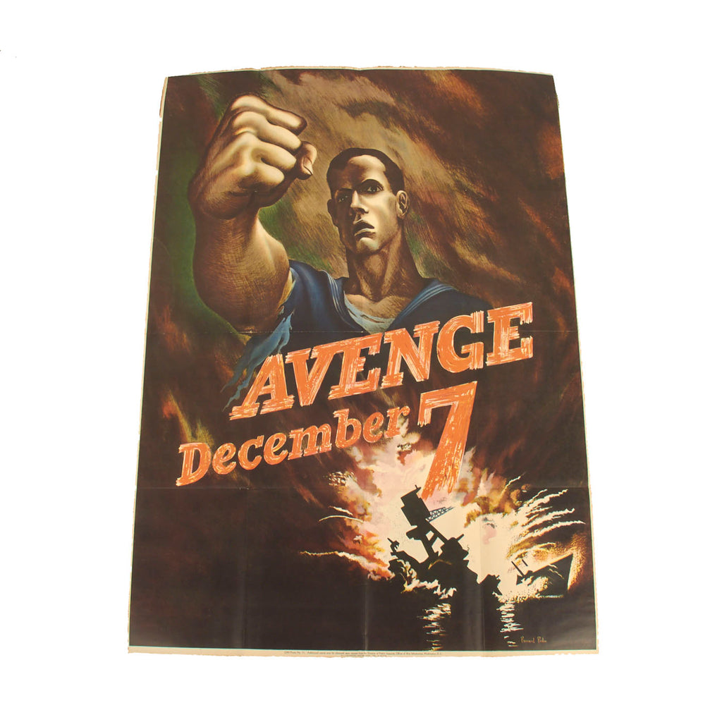 Original U.S. WWII Large 1942 Avenge December 7th OWI Propaganda Poster by Bernard Perlin - 28” x 40” Original Items
