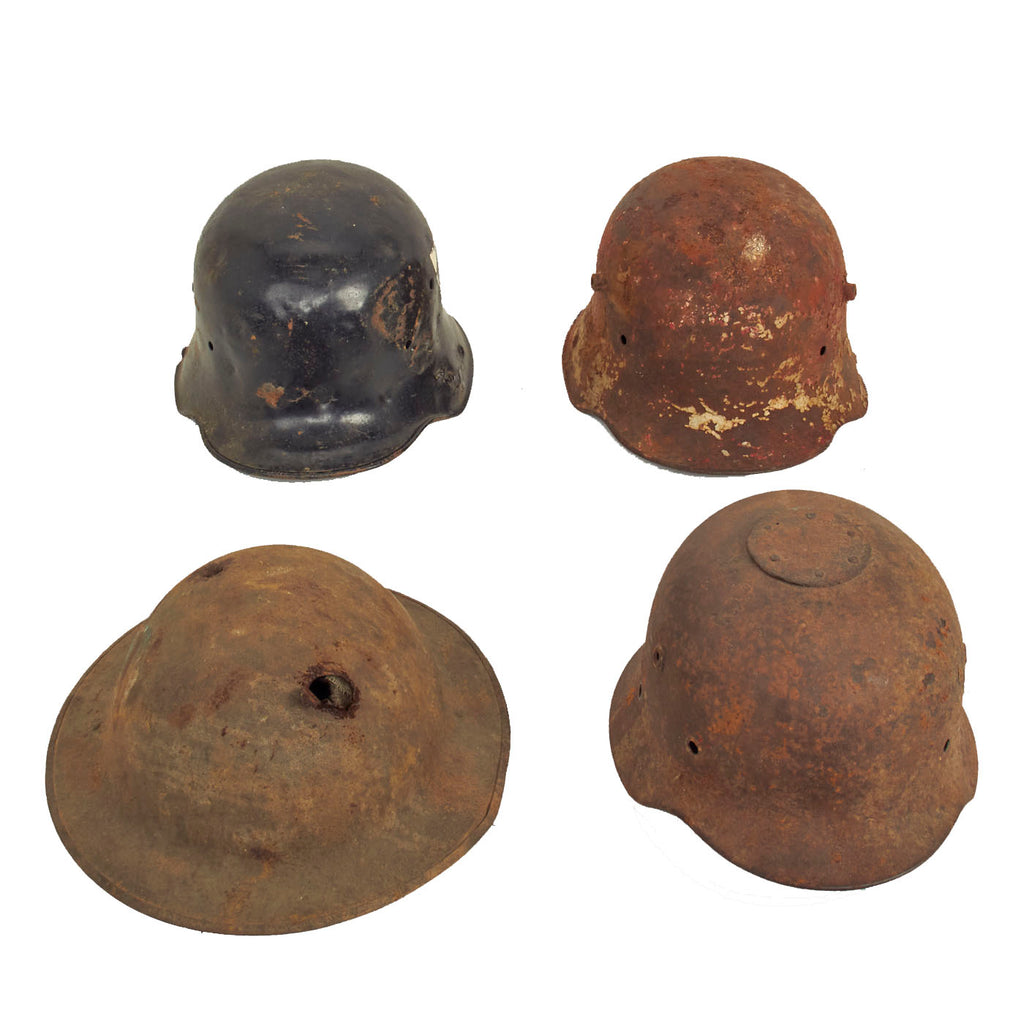 Original WWI & WWII American and German Helmet Battlefield Pickup Relic Lot - 4 Helmets Original Items