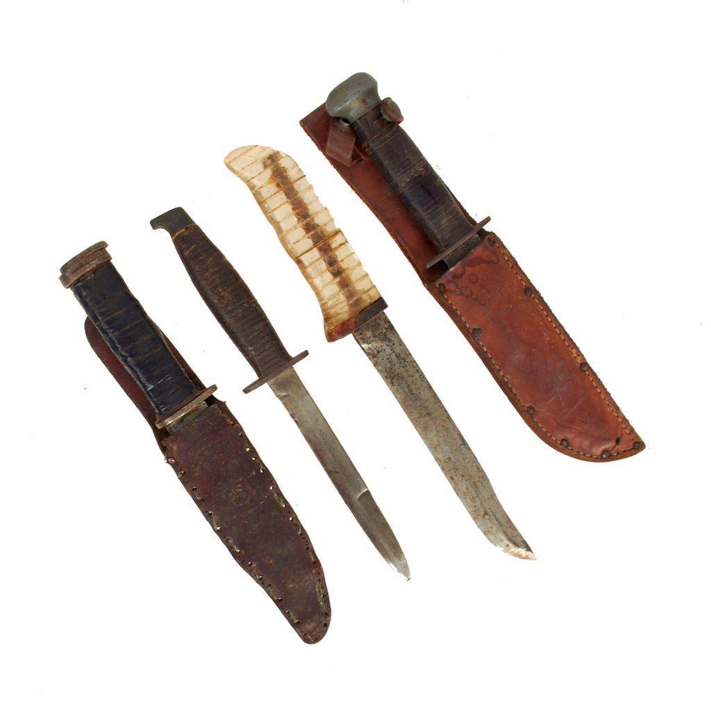 Original U.S. WWII Era Fighting Knife Lot - 4 Knives, 2 With Scabbards Original Items