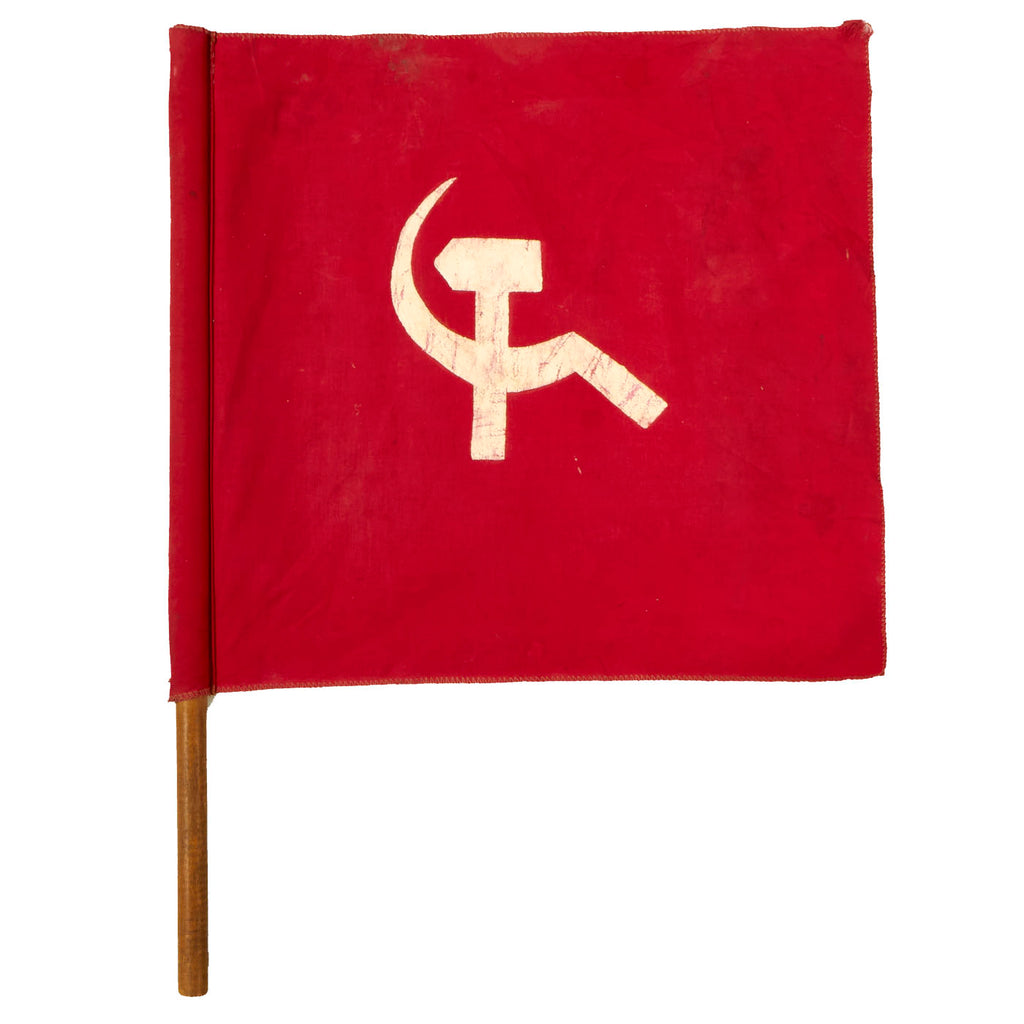 Original South Asia Cold War Era Red Communist Party Flag With White Hammer and Sickle on Pole - 18” x 16 ½” Original Items