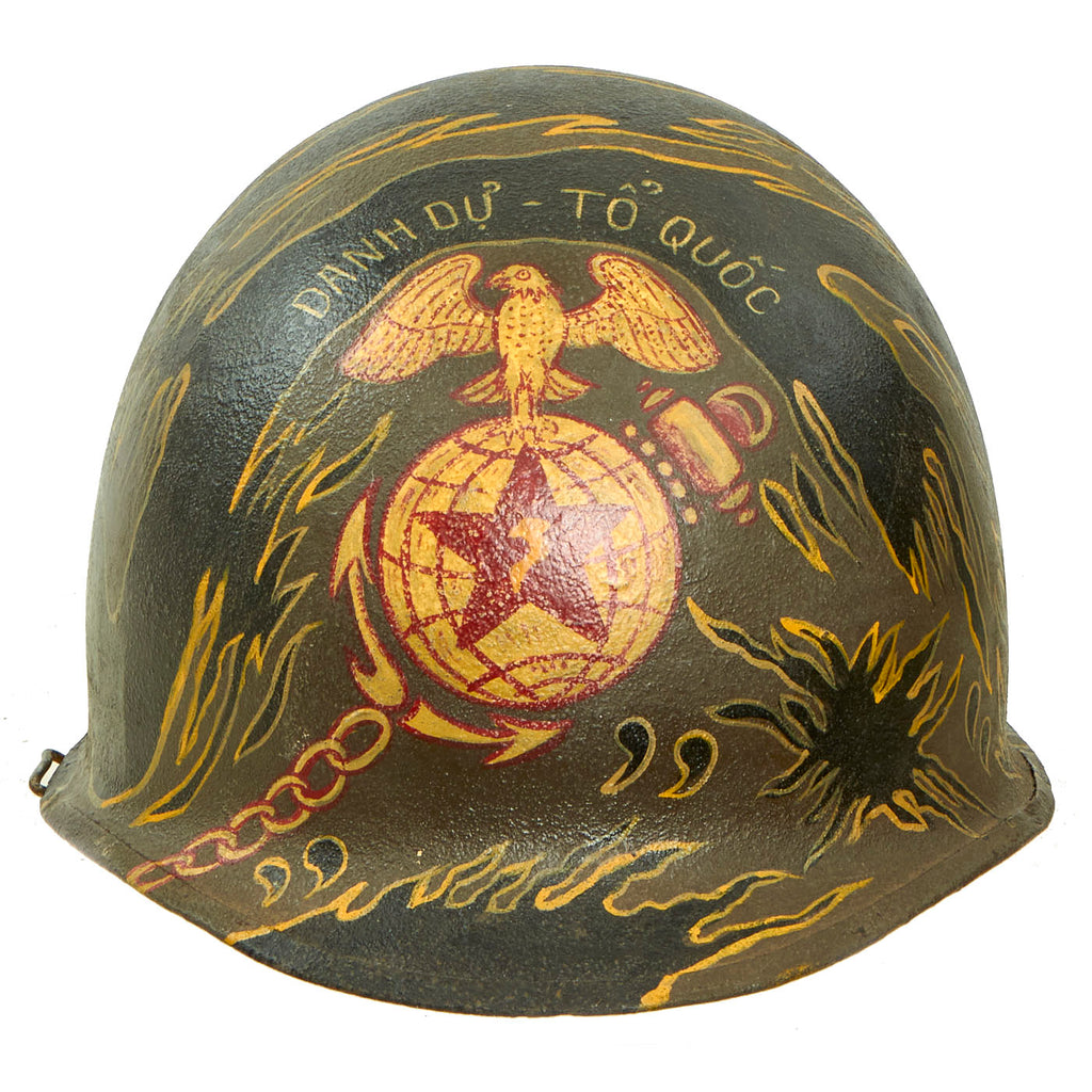 Original U.S. Vietnam War Era M1 Helmet and Liner With Replicated ARVN Marine Division Camouflage Artwork Original Items