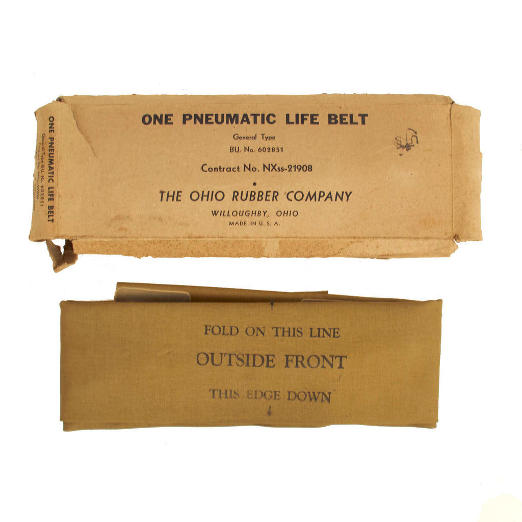 Original U.S. WWII Navy Unissued D-Day Manually Inflatable Flotation  Life Belt Preserver by Ohio Rubber with Original Box - Dated 4-13-43 Original Items