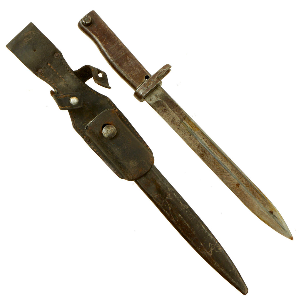 Original German WWI Turkish Shortened 14 ¼” Steel Hilt Ersatz Bayonet with Blood Groove and Steel Scabbard & Leather Frog - Carter Type EB9 Original Items
