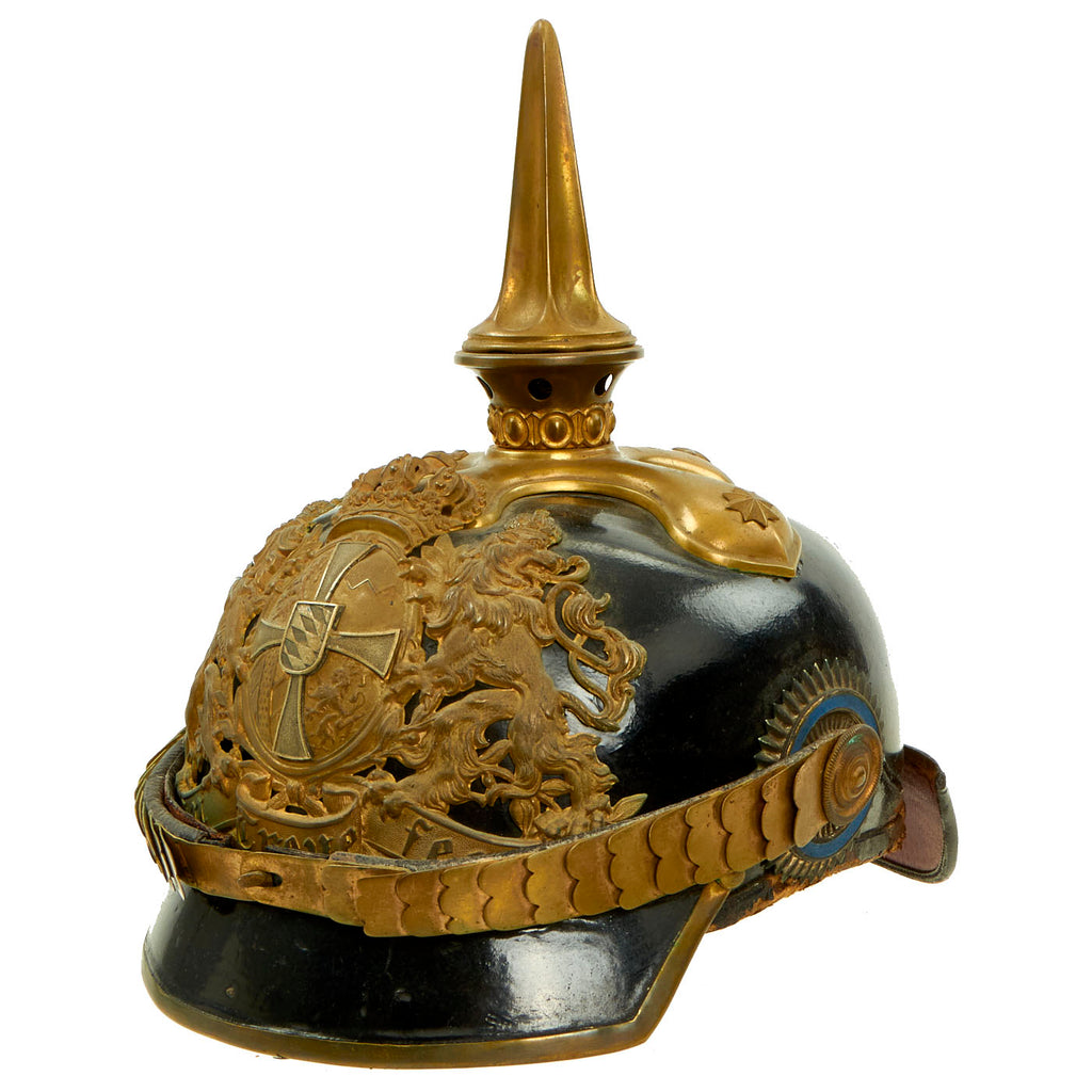Original German WWI Bavarian Model 1886 Infantry Officer Pickelhaube - With 1941 Dated Newspaper Used For Padding Behind Sweatband Original Items