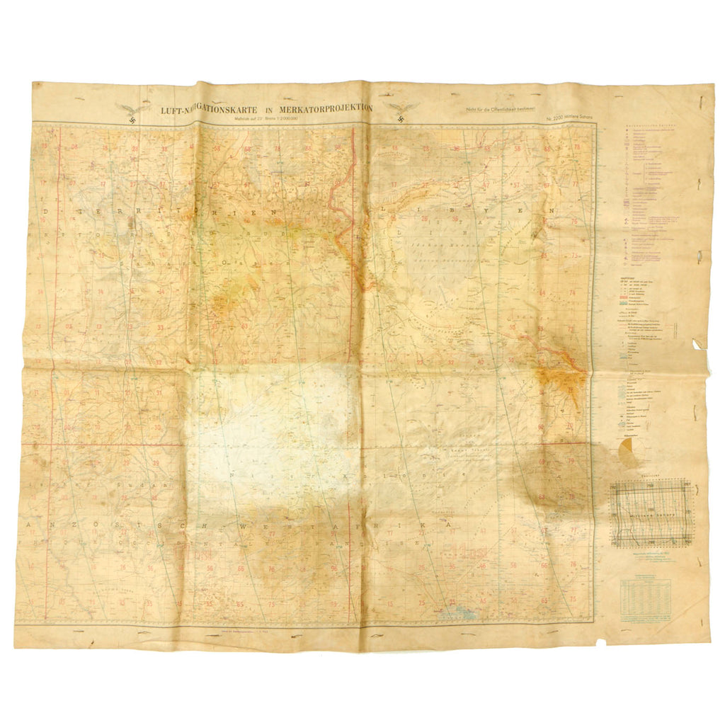 Original German WWII Luftwaffe Navigator Soft Laminate Map of North Africa - 36” x 43” Original Items