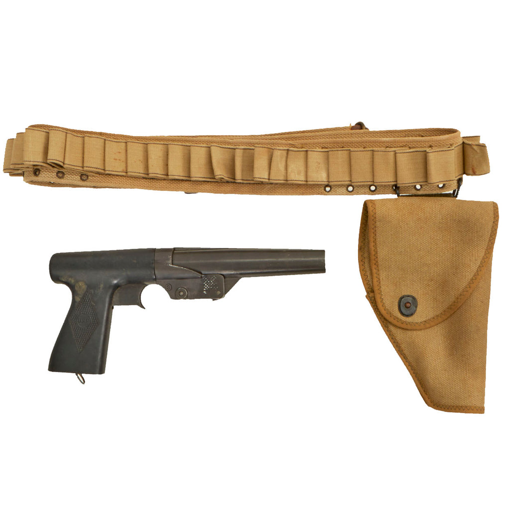 Original  U.S. WWII US Navy 10 Gauge Sedgley Mark 5 Signal Flare Pistol dated 1944 with Web Holster & Belt - Unissued Condition Original Items