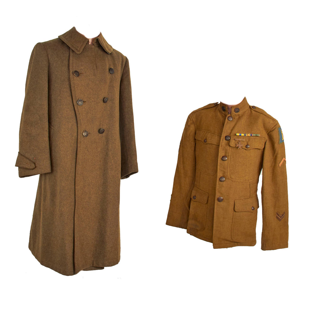 Original U.S. WWI 77th Infantry “Liberty” Division Machine Gun Battalion Sergeant Major Patched Tunic and Wool Greatcoat - 2 Items Original Items