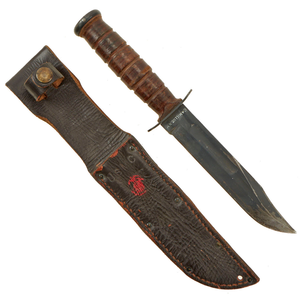 Original U.S. WWII Navy Mark 2 KA-BAR Fighting Knife by CAMILLUS with U.S.M.C. Personalized Leather Scabbard Original Items