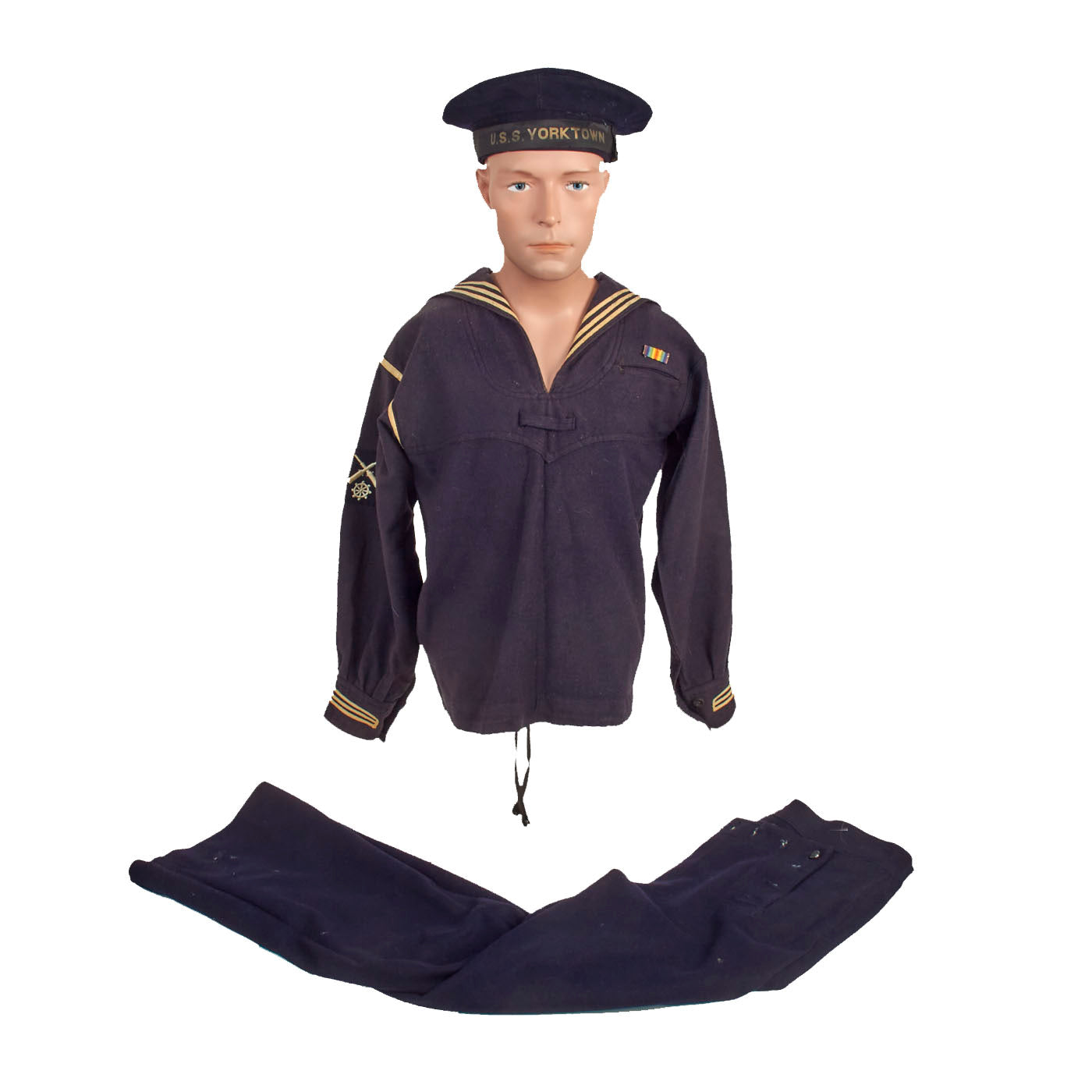 Original U.S. WWI US Navy Gunners Mate Service Dress Blue Uniform Set with Named Pre-1933 U.S.S. Yorktown (PG-1) Flat Cap Original U.S. WWI US Navy Gunners Mate Service Dress Blue Uniform Set with Named Pre-1933 U.S.S. Yorktown (PG-1) Flat Cap