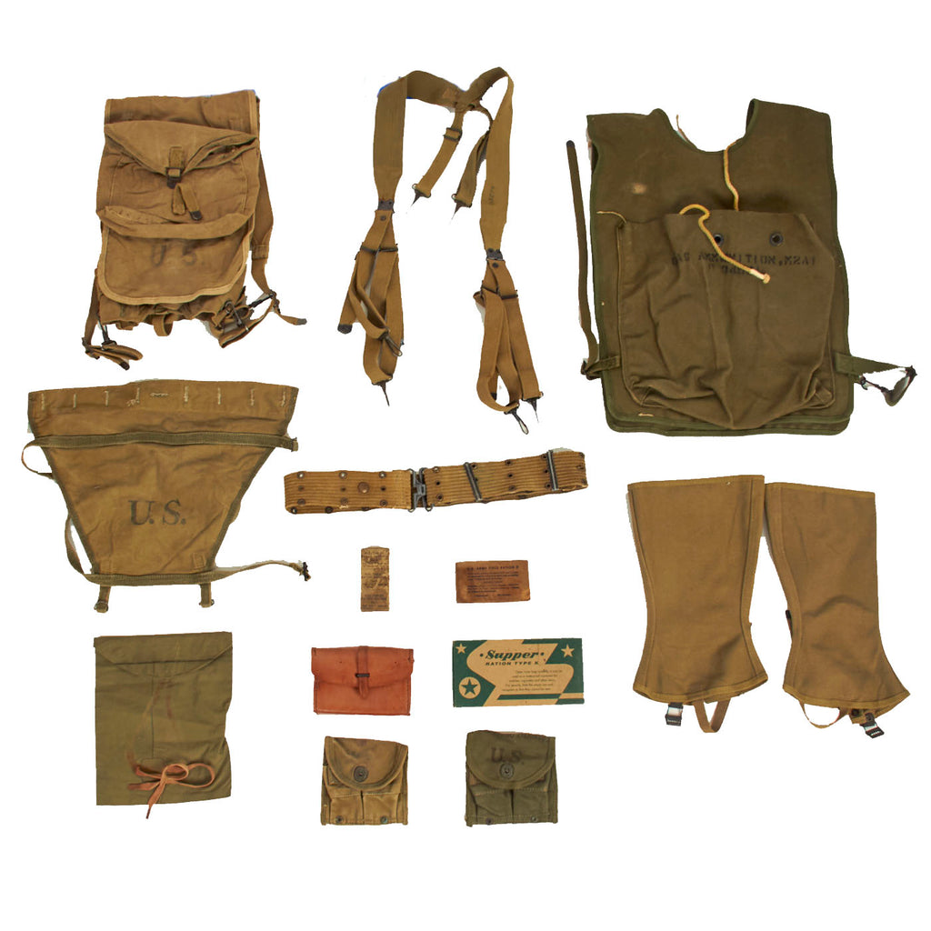 Original U.S. WWII G.I. Field Gear Lot with Reproduction K-Ration - 13 Items Original Items