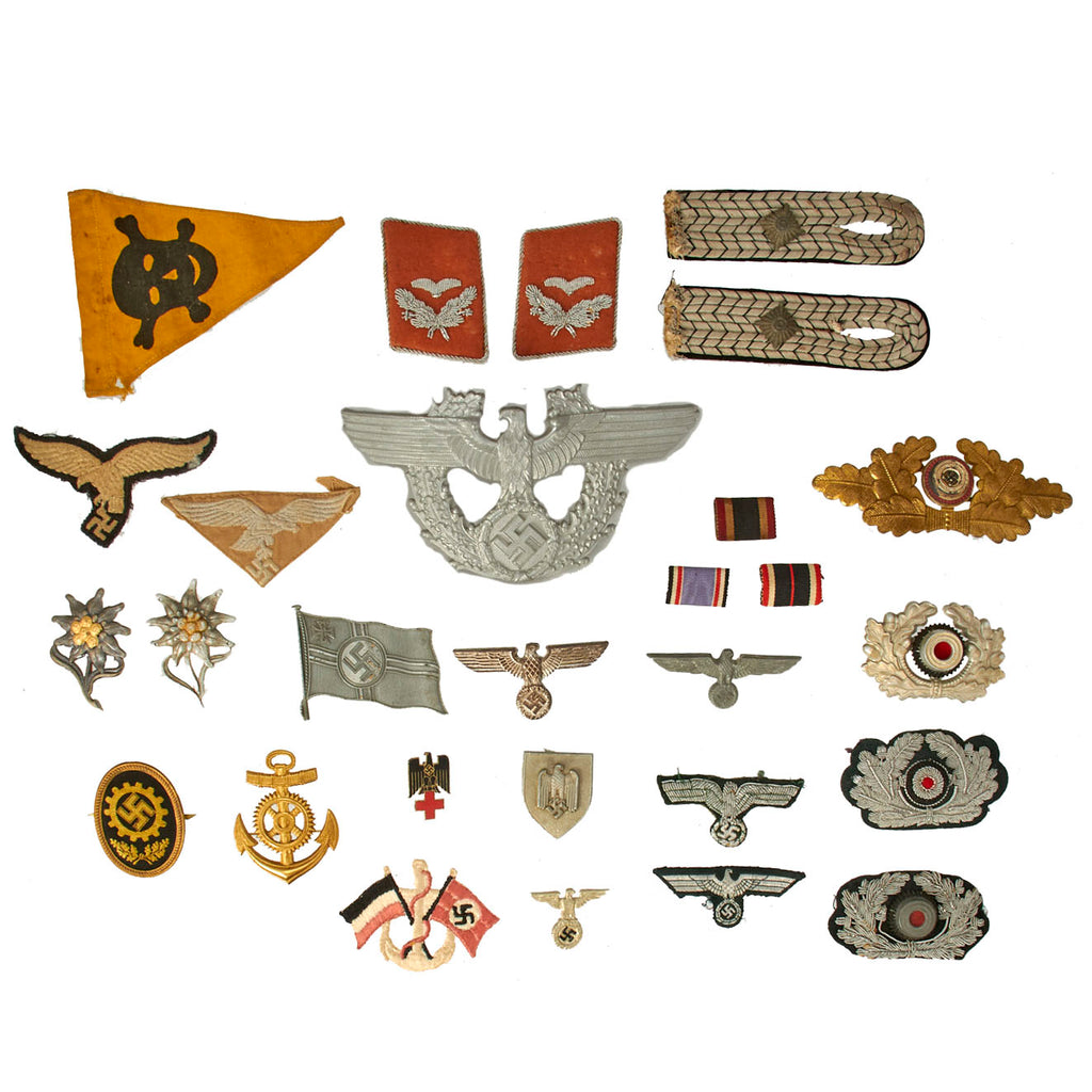 Original German WWII Cloth and Metal Insignia Lot - 28 Items Original Items
