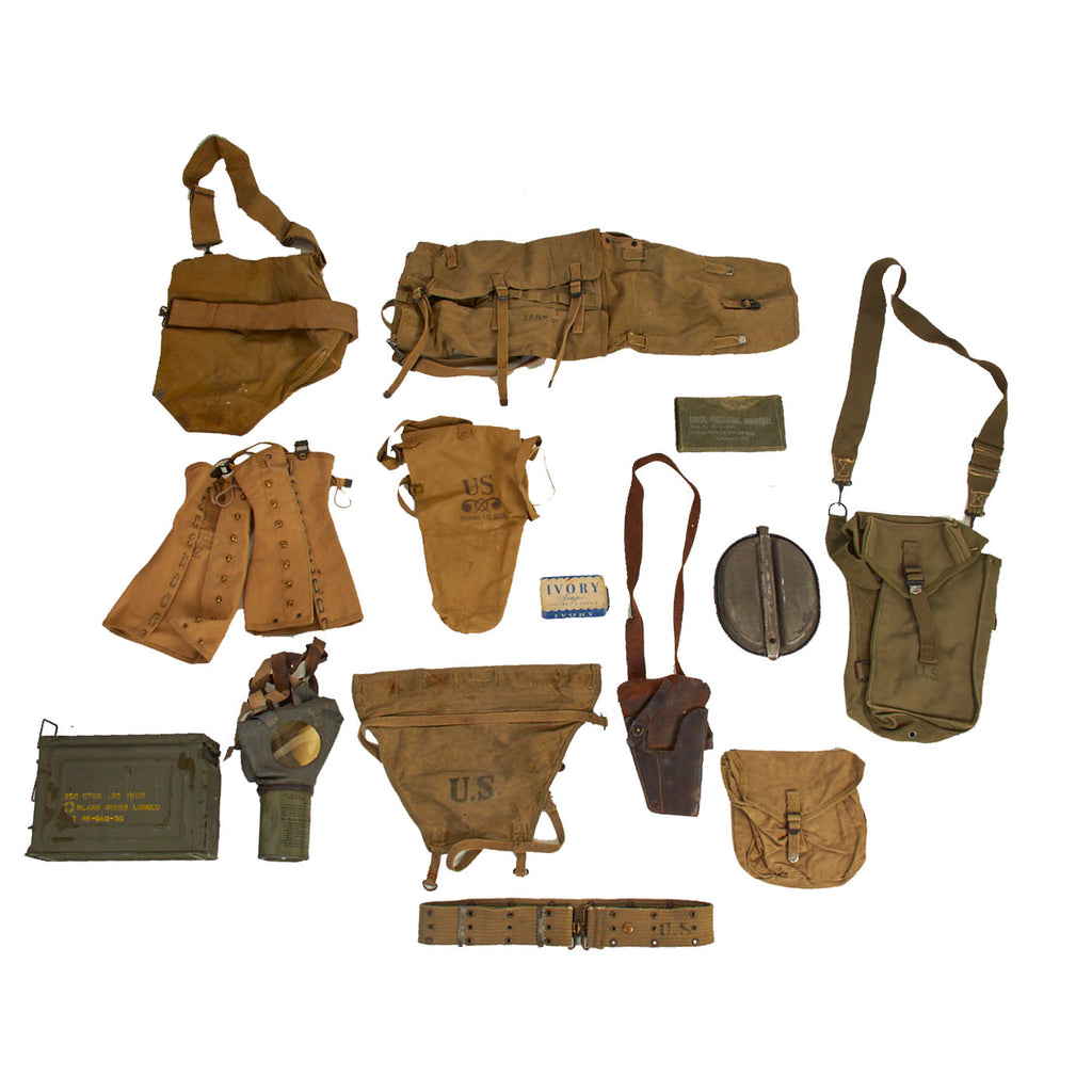 Original U.S. WWII G.I. Field Gear Lot Featuring Haversack Named To Wounded Soldier - 13 Items Original Items