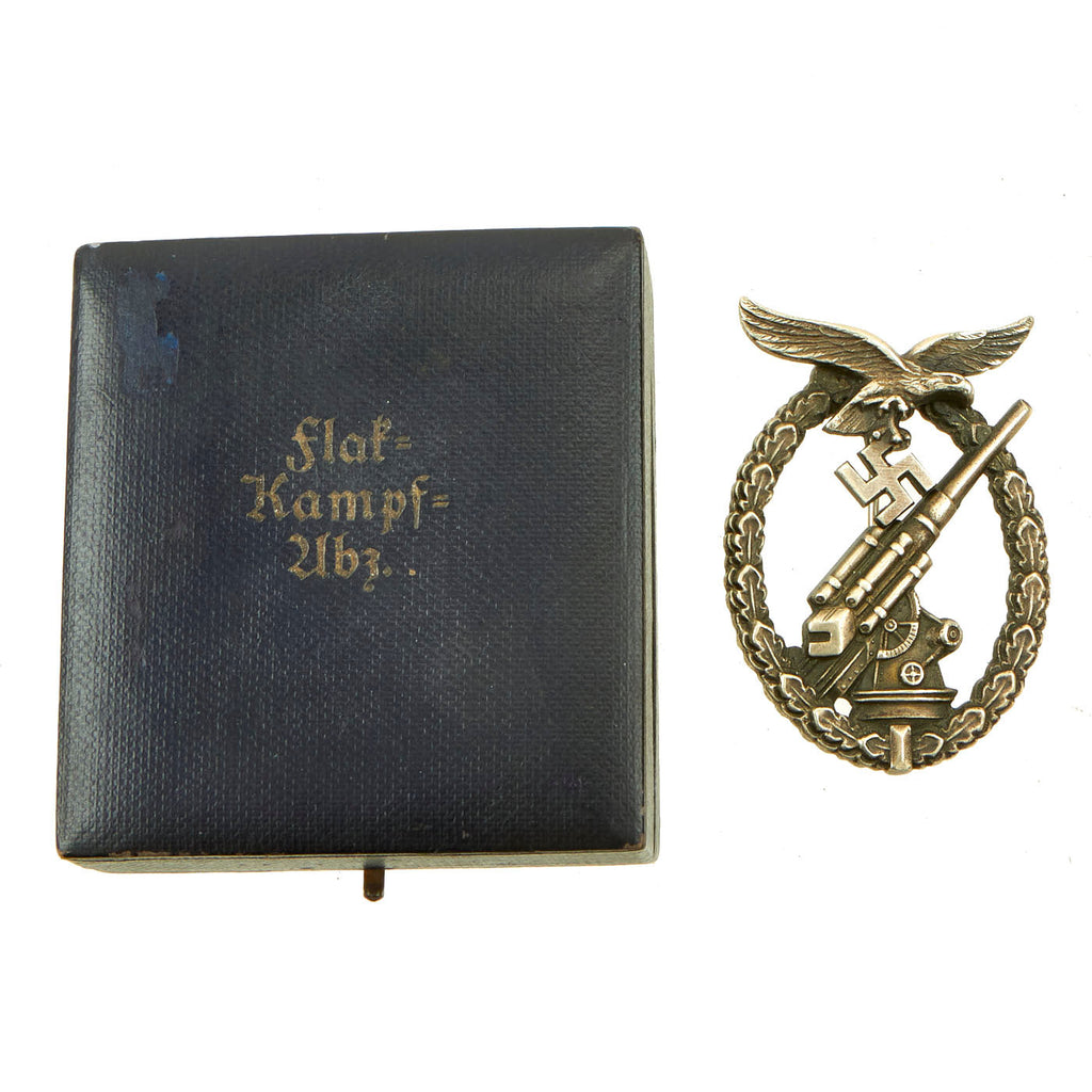Original German WWII Early Luftwaffe Anti-Aircraft Flak Battle Badge by C.F. Juncker in Original Case Original Items