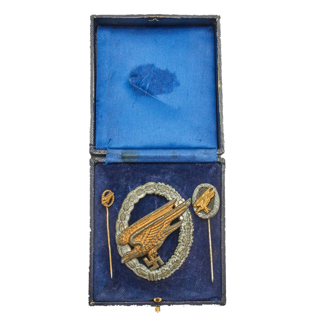 Original German WWII Cased Lufwaffe Paratrooper Fallschirmjäger Badge With (2) Stick Pins by Berg & Nolte - Parachutist Badge Original Items