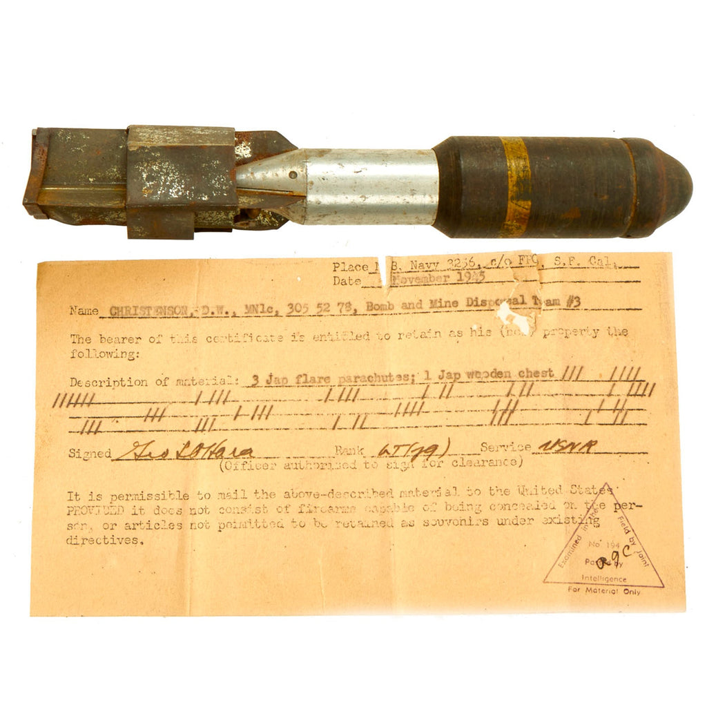 Original Japanese WWII Type 2 1/3 kg HEAT Cluster Bomb Submunition With Bring Back Documents - Inert Original Items