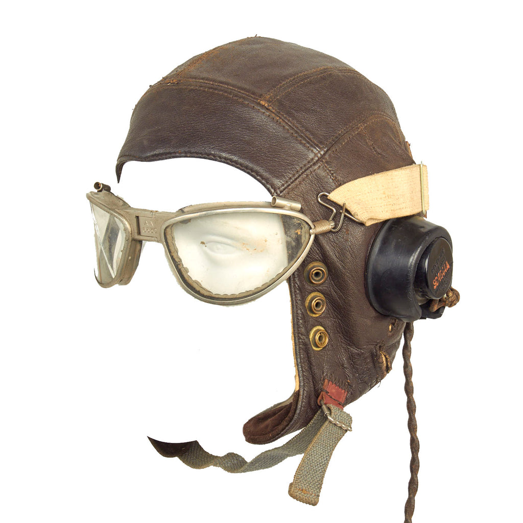 Original British WWII RAF Type C Leather Flying Helmet with American Avionics and American A-N 6530 Goggles Original Items