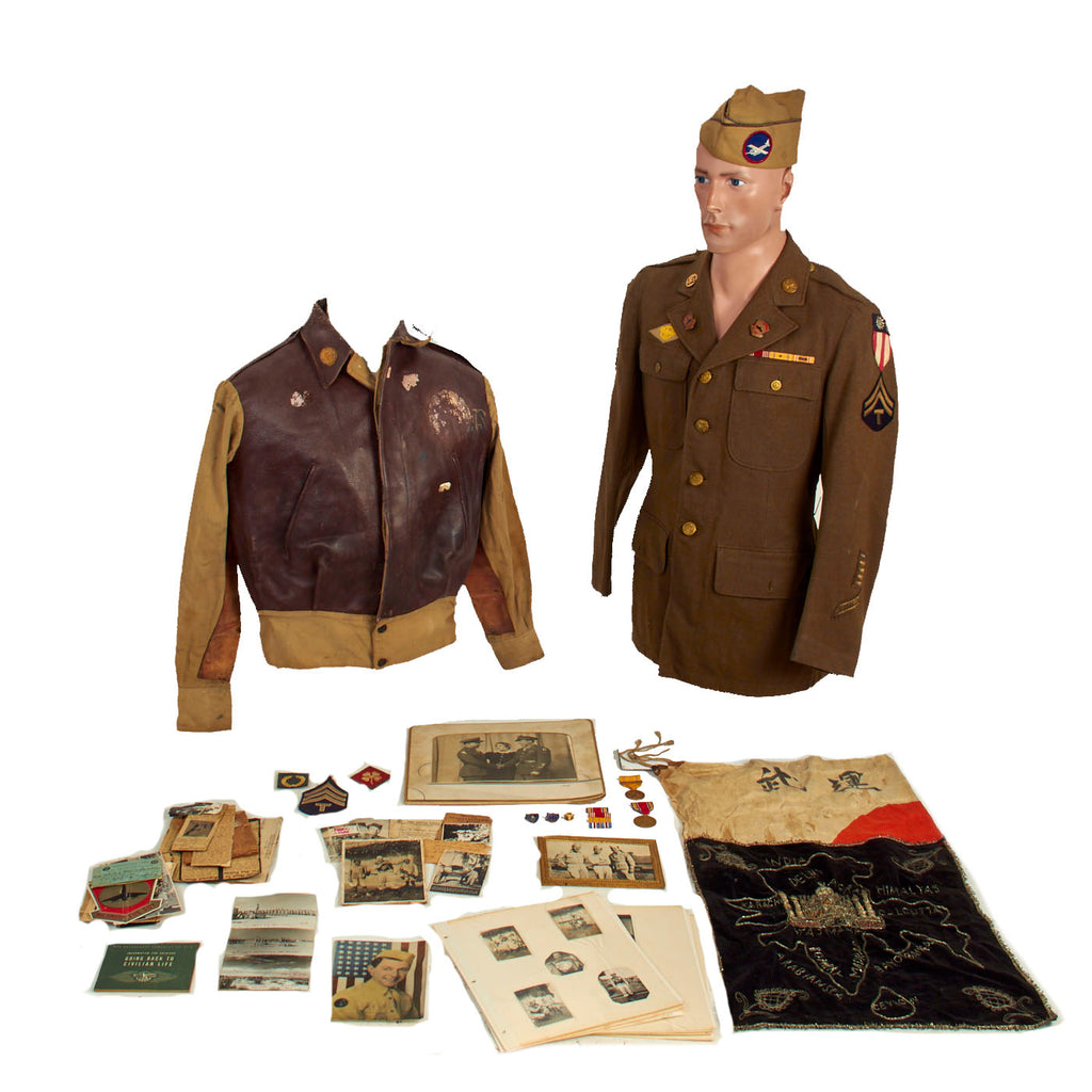 Original U.S. WWII Named CBI 73rd Evacuation Hospital / 517th Air Defense Artillery Painted A-2 Jacket Private Purchase Clone Uniform Grouping With Photos - Ledo Road Area Original Items
