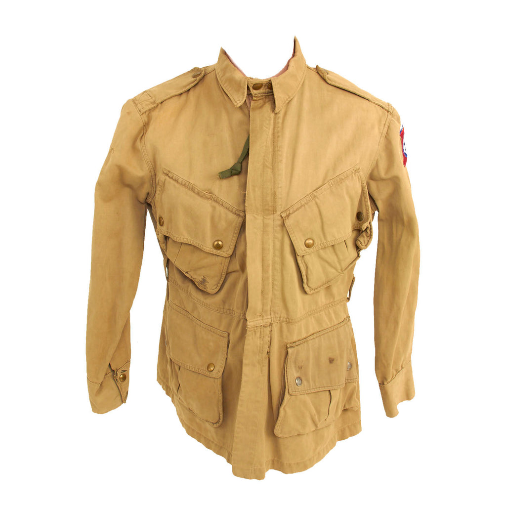 Original U.S. WWII M1942 Paratrooper Jump Jacket without Reinforcements with Added 82nd Airborne Division Shoulder Sleeve Insignia - Laundry Number Marked Original Items