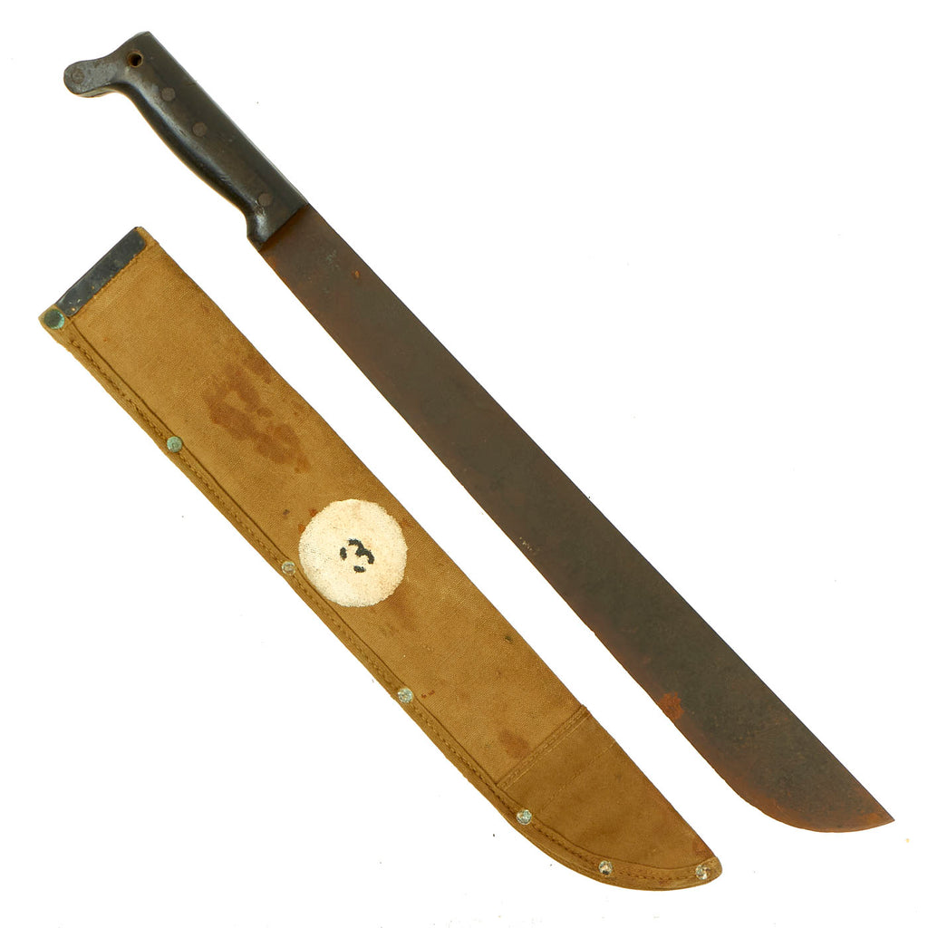 Original U.S. WWII Collins & Co Legitimus Model Machete Dated 1944 With USMC Marked Canvas Scabbard Original Items