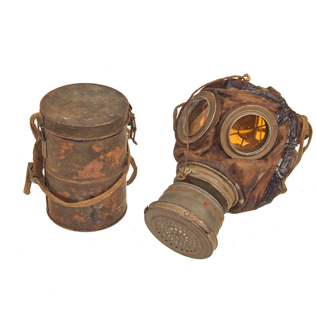 Original Imperial German WWI M1917 Ledermaske Gas Mask with Can, Paper Insert and Spare Lenses - dated 1916 Original Items