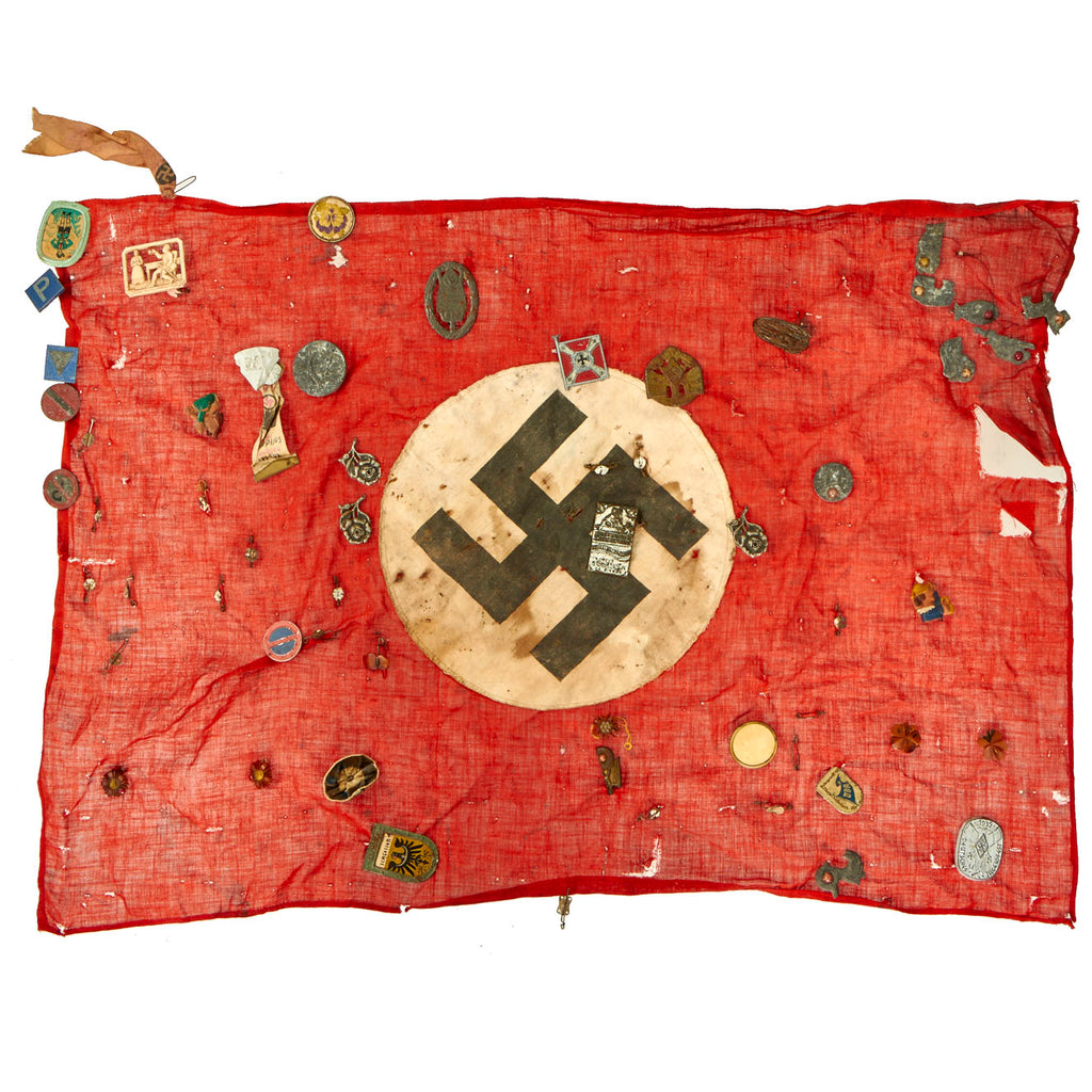 Original German WWII USGI Bring Back Worn NSDAP National Flag with Approx. 40 Attached Tinnies - 17" x 26" Original Items