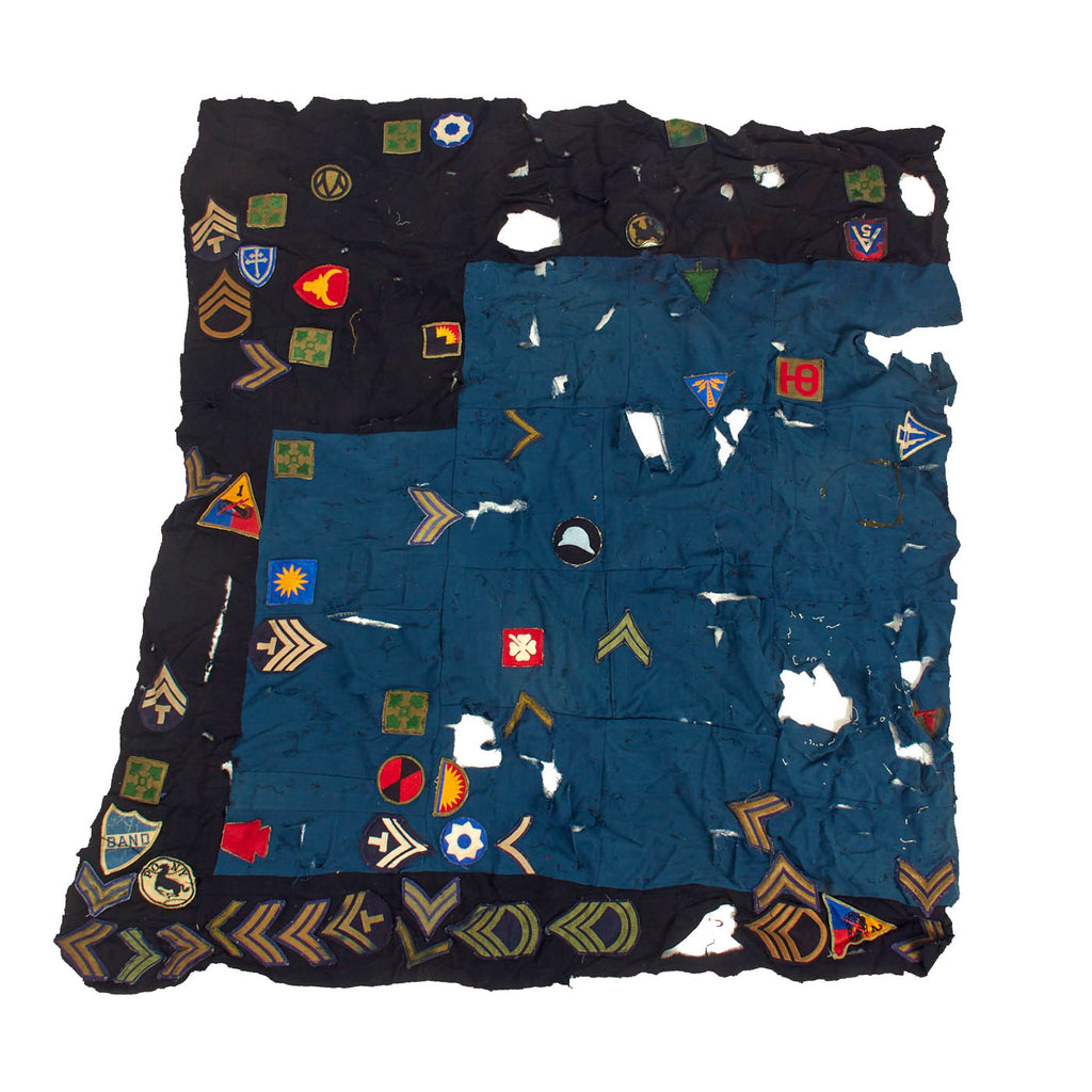 Original U.S. WWII Era Quilted Blanket Display Piece Featuring Over 50 Shoulder Sleeve Insignias and Rank Chevrons - 40 ½” x 48” Original Items