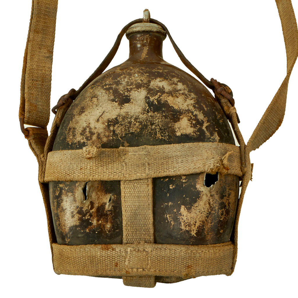 Original Japanese WWII Battle Damaged Aluminum Canteen Dated with Canvas Carrier Original Items