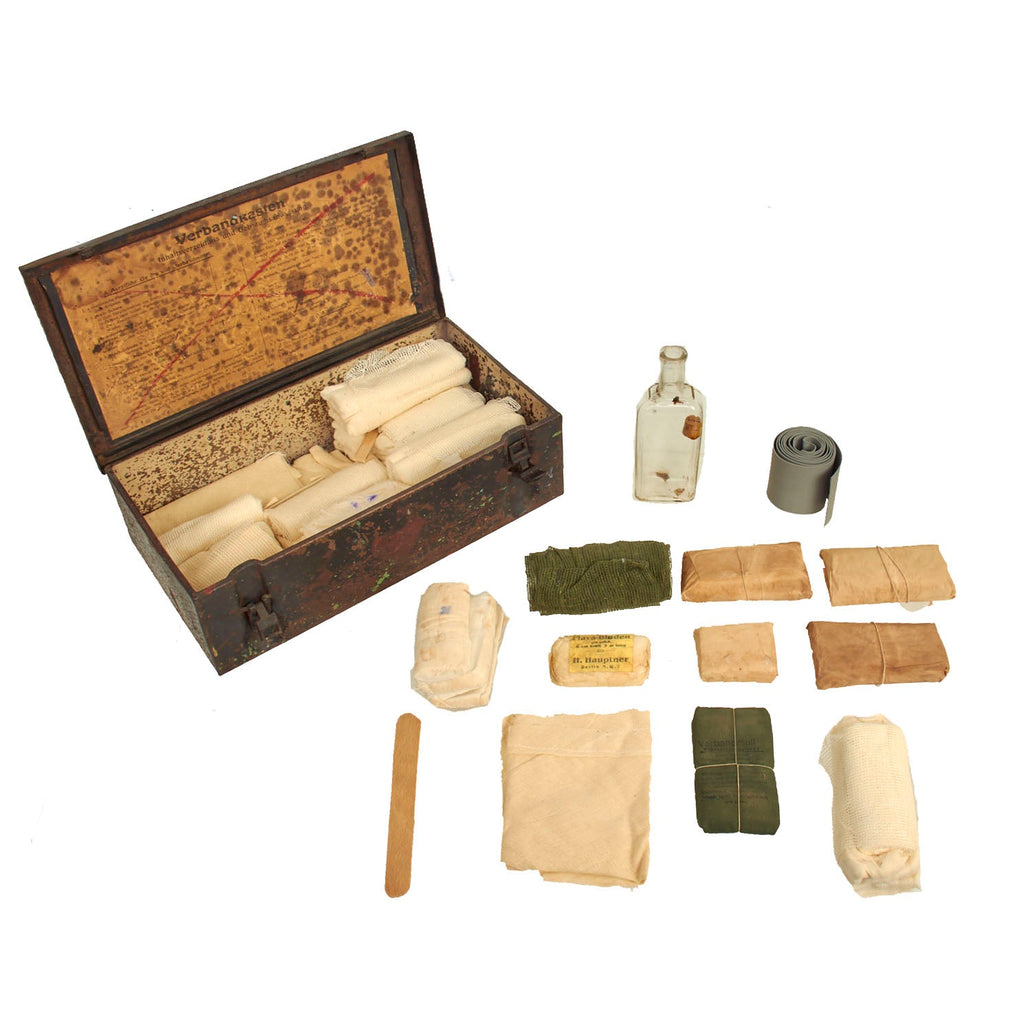 Original German WWII Verbandkasten Medic First Aid Set in Gray Blue Steel Chest with 1942 Dated Label Original Items