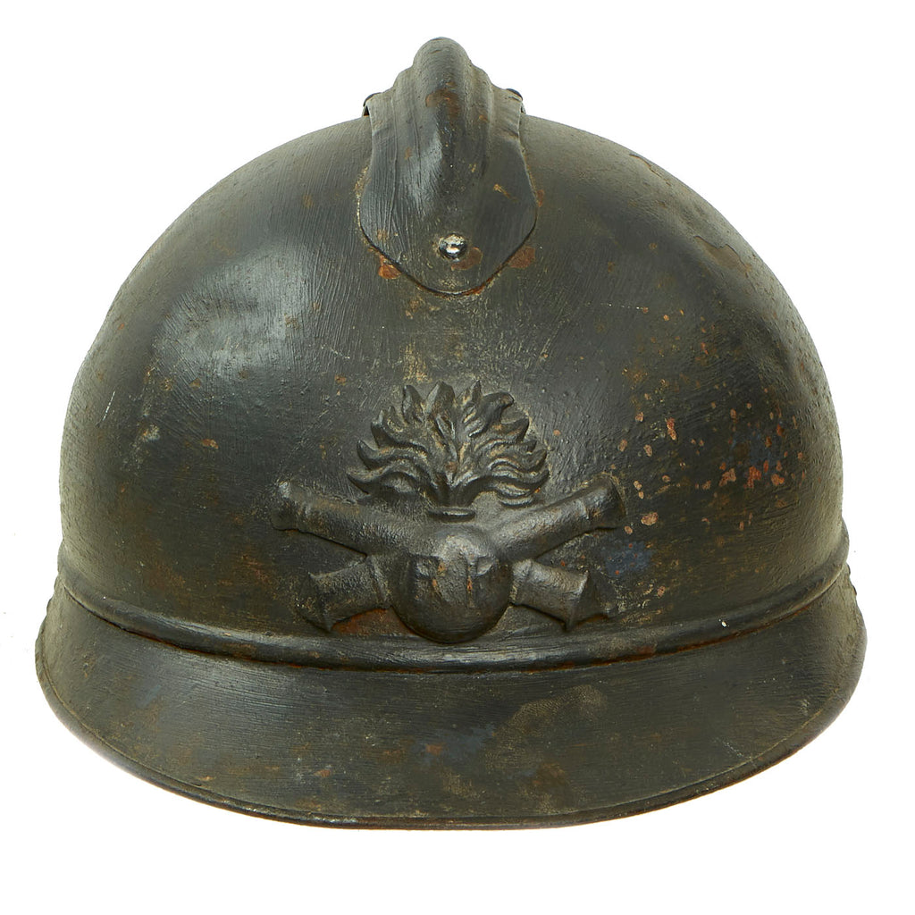 Original French WWI Issue Model 1915 Adrian Helmet in Horizon Blue with Artillery RF Badge and Early First Pattern Liner Original Items
