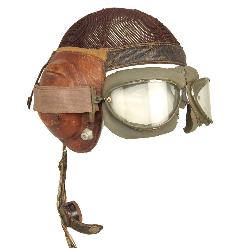 Original German WWII Luftwaffe LKpN101 Netzkopfhaube Summer Flying Helmet with Type 295 Flight Goggles by Auer With Case Original Items