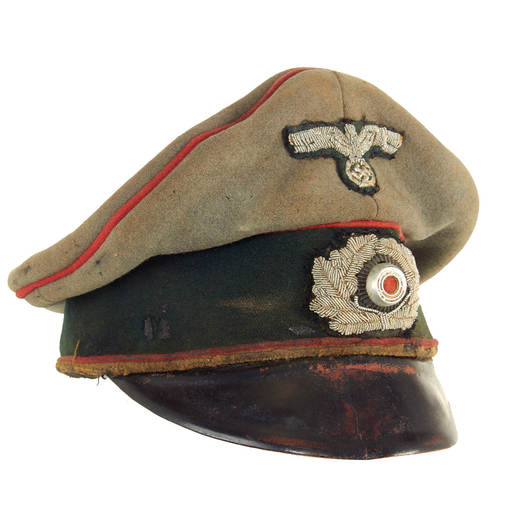 Original German WWII Service Worn Army Heer Artillery Officer's Schirmmütze Visor Cap with Embroidered Bullion Insignia Original Items