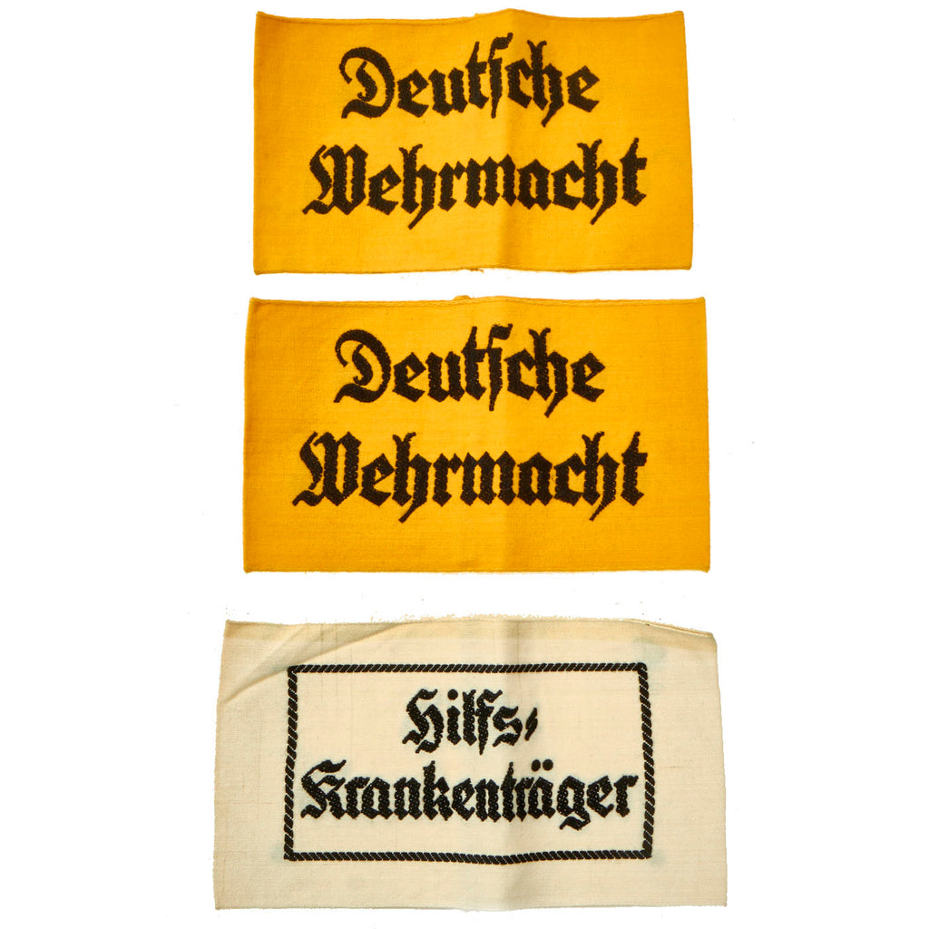 Original German WWII Armband Lot With (2) Deutsche Wehrmacht Civilian Service Armbands and (1) Stretcher Bearer Armband - 3 Items Original Items