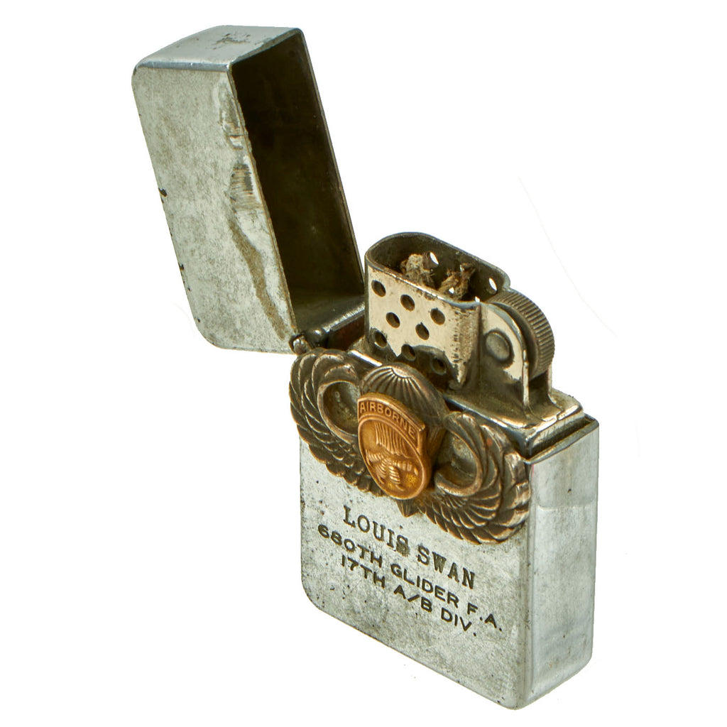 Original U.S. WWII Name Engraved 680th Glider FIeld Artillery 17th Airborne Division Zippo Style Lighter  - Louis H. Swan Original Items