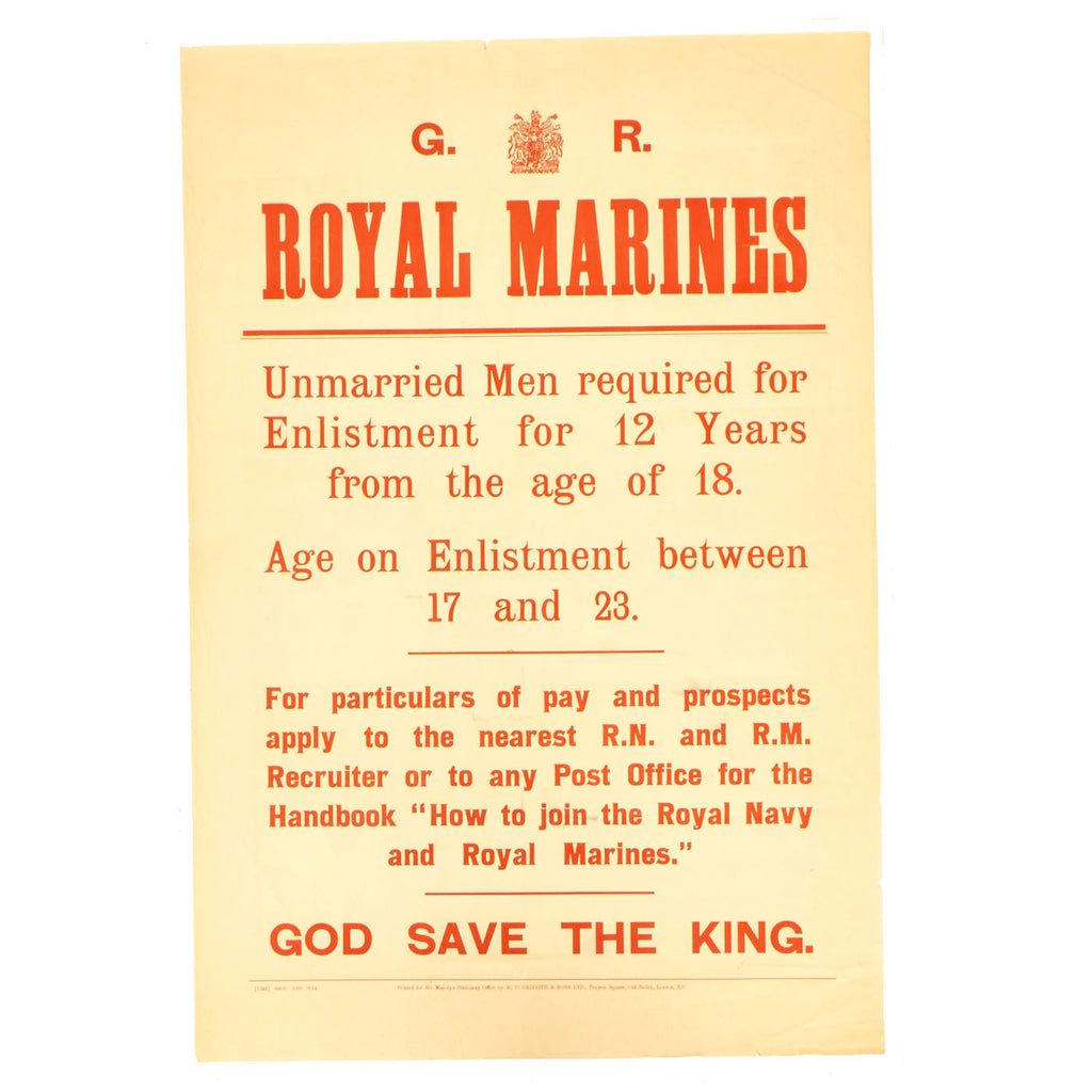 Original British WWI British Royal Marines Recruitment Poster Dated 1914 - 32” x 22” Original Items