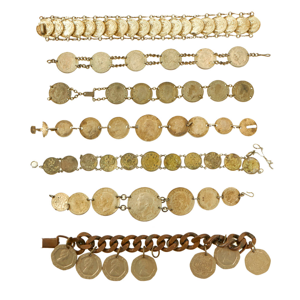 Original WWI to Cold War Era Sweetheart Coins Bracelet Lot From Various Countries - 7 Items Original Items