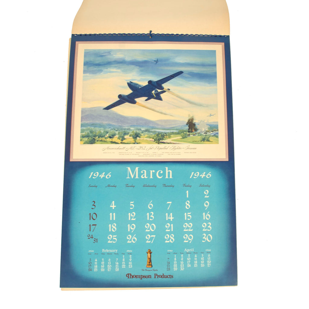 Original U.S. “For The Record” 1946 Calendar by Thompson Products Featuring Artwork of the “Best Enemy Planes” Original Items