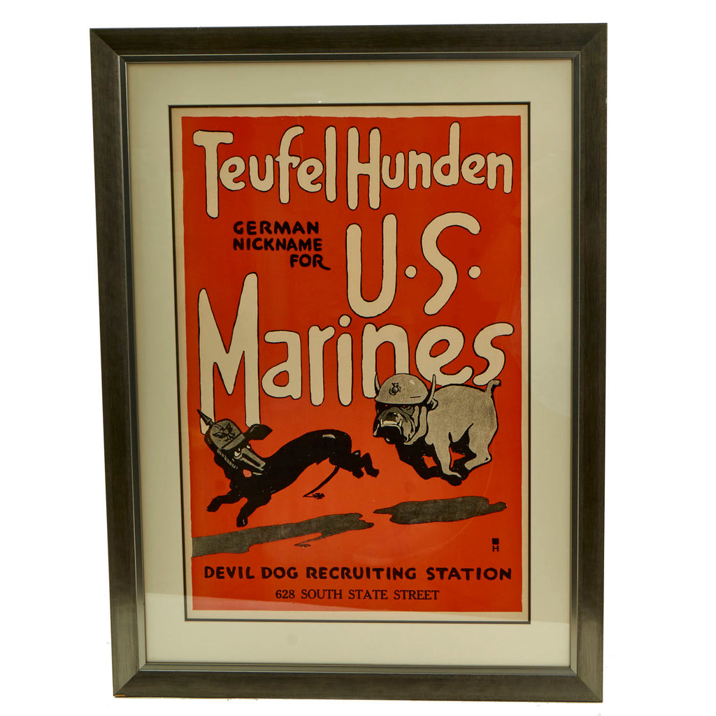 Original U.S. WWII US Marine Corps “Teufel Hunden” Recruitment Poster With Frame - 27" x 36” Original Items