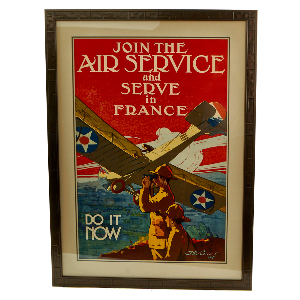 Original U.S. WWI US Army Air Service “Serve in France” Recruitment Poster in Frame - 34" x 46 ¼” Original Items