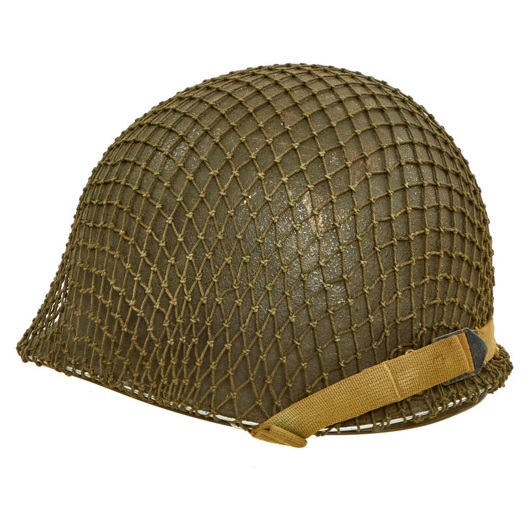 Original U.S. WWII M1 McCord Front Seam Fixed Bale Helmet with Net and Westinghouse Liner Original Items