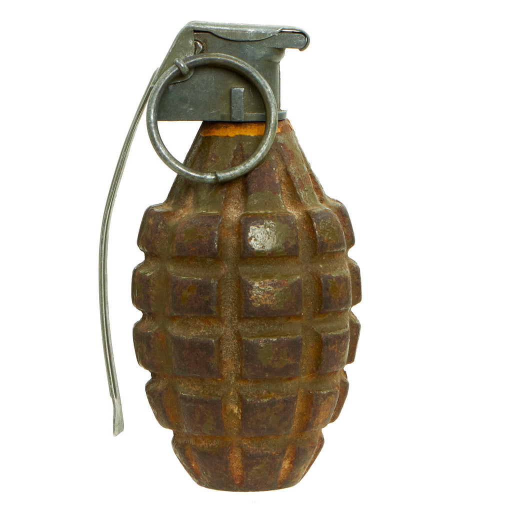 Original U.S. WWII Inert MkII Pineapple Grenade with Yellow Ring and M10A3 Fuze Original Items