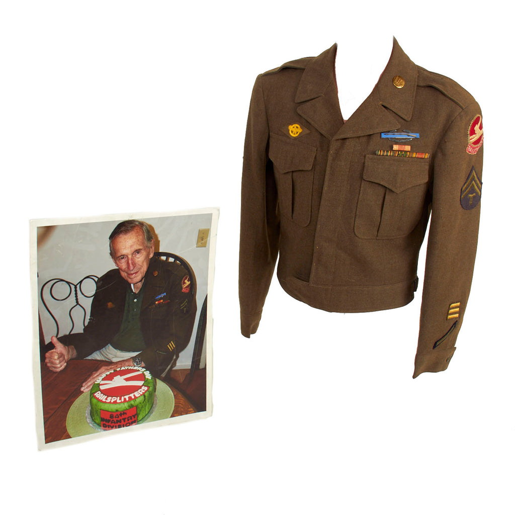 Original U.S. WWII 84th Infantry Division Ike Jacket with German-Made Railsplitter Tab with Photo of Veteran Wearing the Ike Jacket Original Items