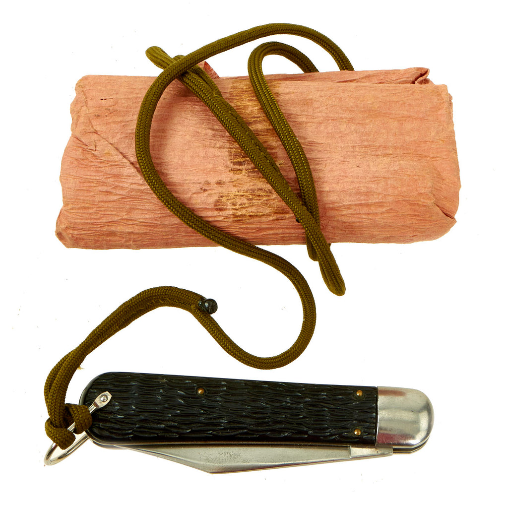 Original U.S. WWII style Unissued Korean War Airborne Schrade Walden NY M2 Pocket Knife with Bail, Cord and Original Packaging Original Items