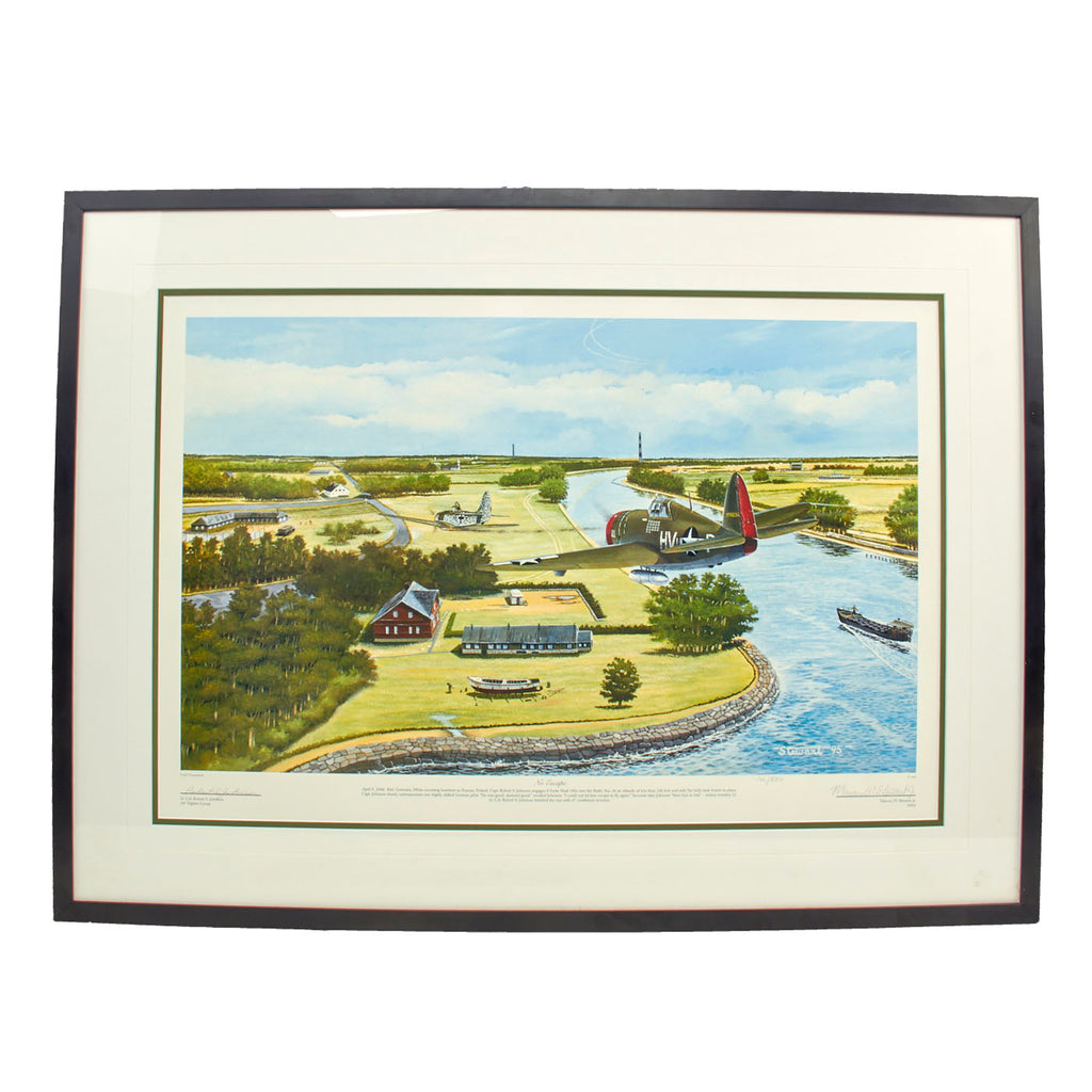 Original Artwork Print: “No Escape” P-47 Thunderbolt Painting Signed By Artist / Retired Pilot Marcus W. Stewart Jr and WWII P-47 Pilot Distinguished Cross Recipient Robert S. Johnson - 35 ¼” x 26 ¼” Original Items