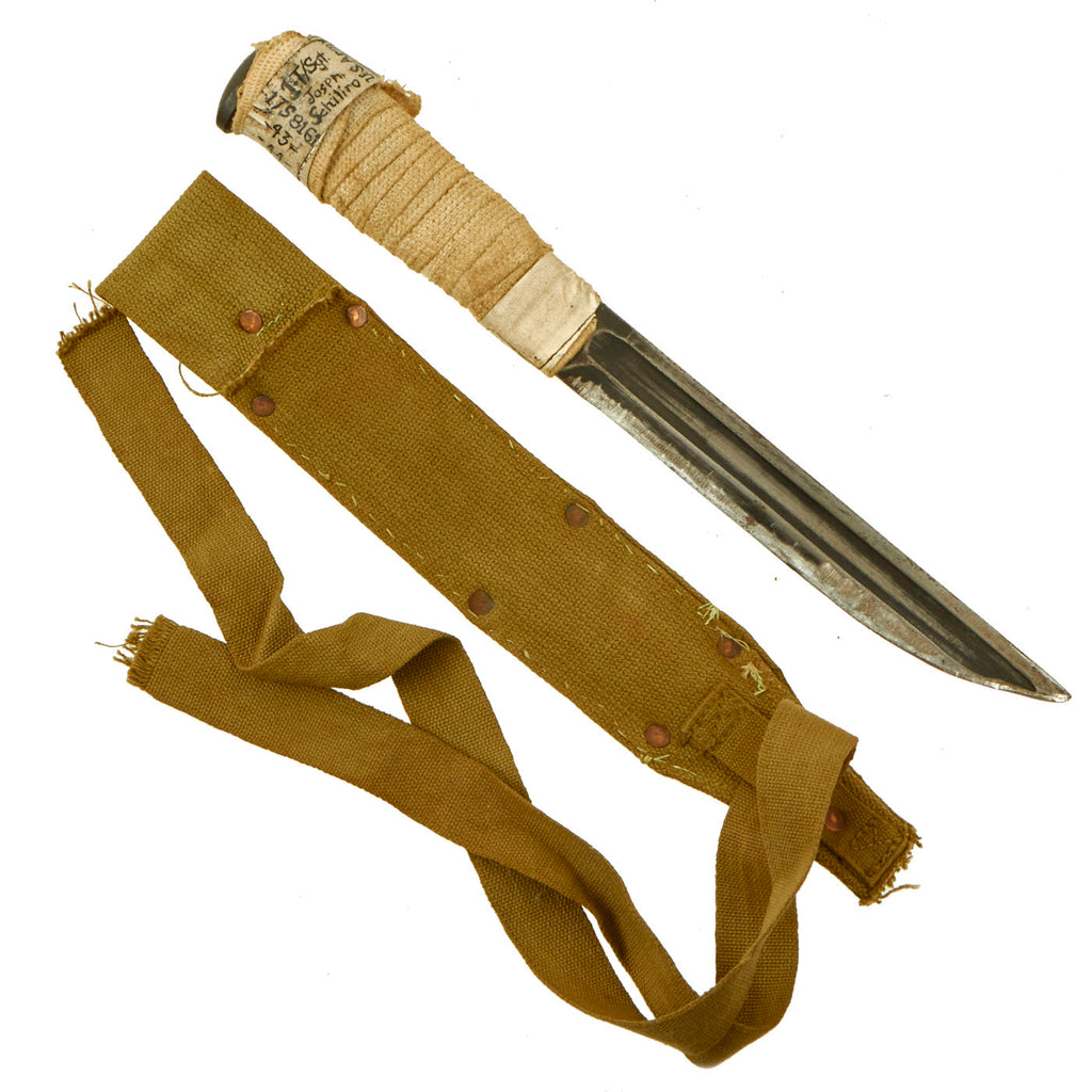 Original U.S. WWII Named Custom Fighting Knife Knife Made From Krag Rifle Bayonet With Canvas Sheath - First Sergeant Joseph Schiliro Original Items