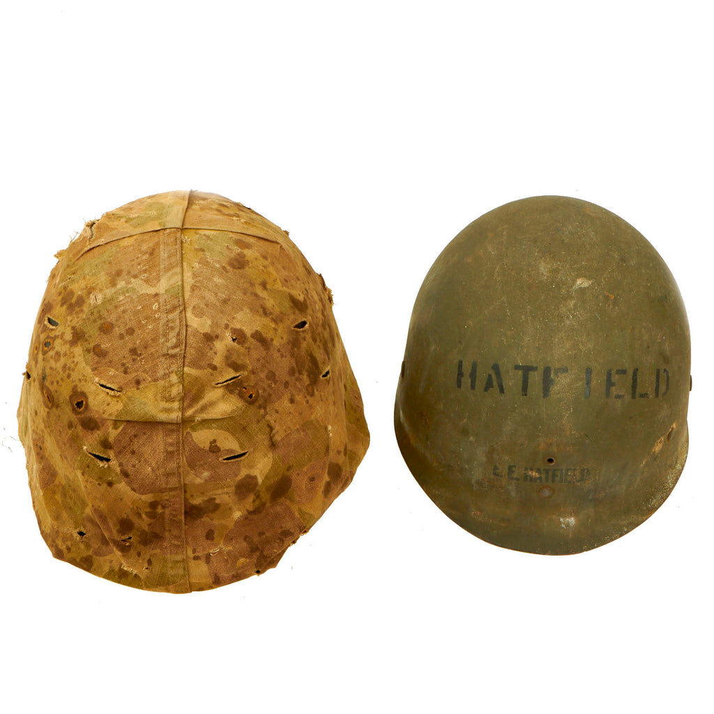 Original U.S. WWII Service Worn 1942 Fixed Bale M1 Helmet with 2nd Pattern USMC HBT Camouflage Cover and Named Westinghouse Liner Original Items