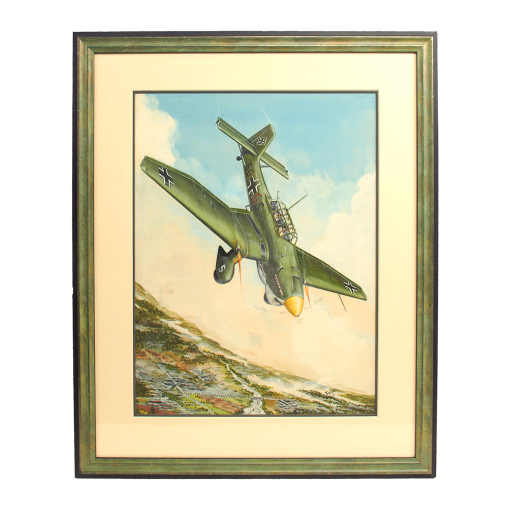 Original Artwork: Framed 1966 Dated Realistic Painting of WWII German Junkers Ju 87 Stuka by Uwe Feist - 23 7/9” x 19 ⅛” UV Light Protected Frame Original Items
