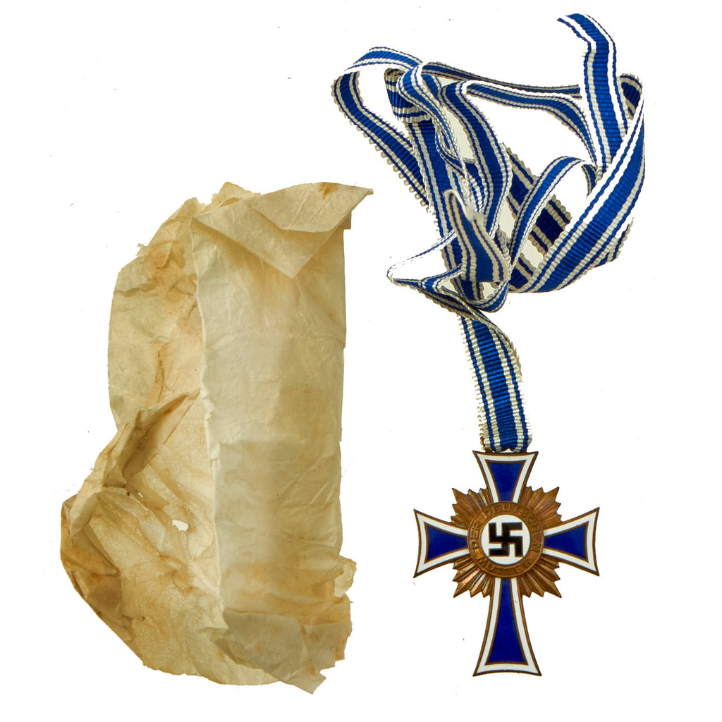 Original Unissued German WWII Bronze 3rd Class (4 to 5 Children) Mother’s Cross with Ribbon in Original Tissue Wrapping Original Items